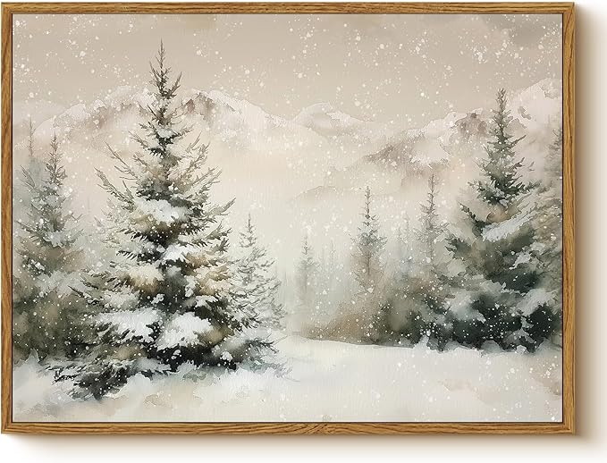 Vintage Winter Snow Mountain Wall Art 12x16 Framed Canvas Print, Snowy Pine Tree Forest Landscape Painting, Rustic Neutral Christmas Living Room Bedroom Entryway Farmhouse Holiday Home Decor