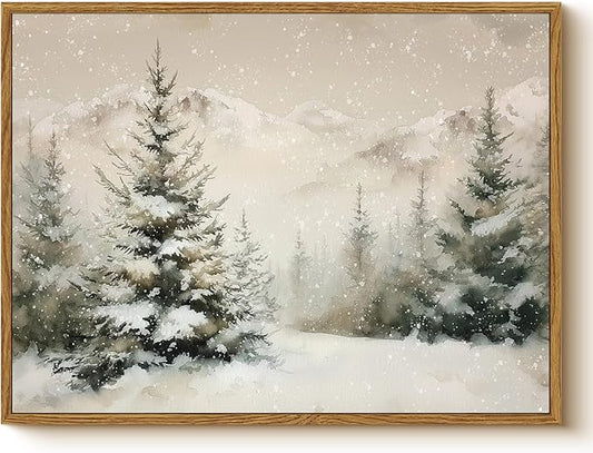 Vintage Winter Snow Mountain Wall Art 12x16 Framed Canvas Print, Snowy Pine Tree Forest Landscape Painting, Rustic Neutral Christmas Living Room Bedroom Entryway Farmhouse Holiday Home Decor