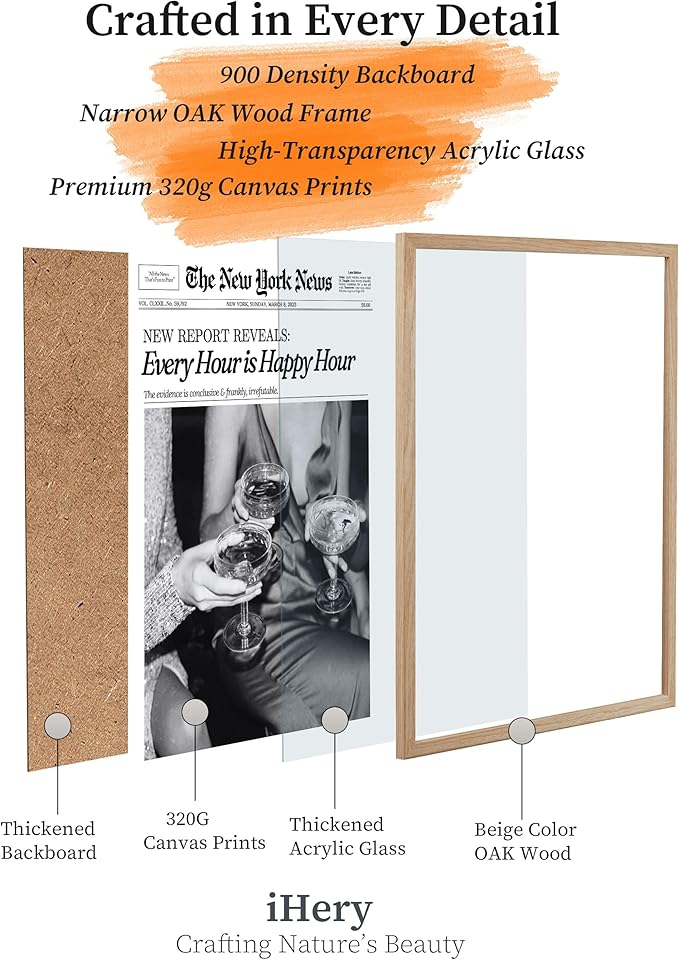 iHery Every Hour is Happy Hour Small Framed Trendy NewsPaper Wall Art, Natural OAK Wood 8x10in Canvas Wall Decor For Bedroom, Retro News Prints Posters for Girl Dorm Living Room Home 1Pack