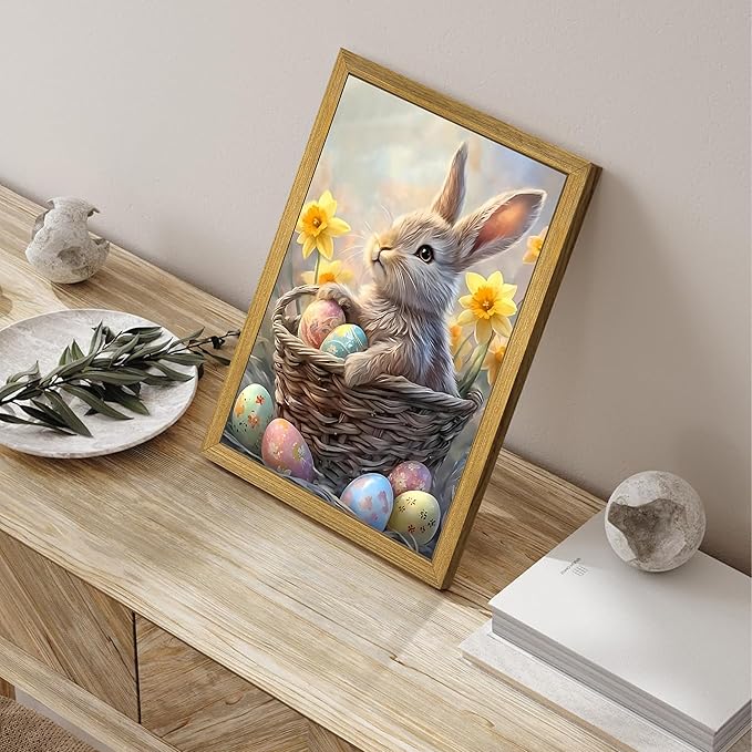Easter Bunny Wall Art, Cute Rabbit Canvas Wall Decor Painting, Easter Eggs Poster Print Picture, Spring Farmhouse Animal Oil Painting for Living Room Bedroom Kitchen Holiday Home Decor 12x16 Inch Wood Framed