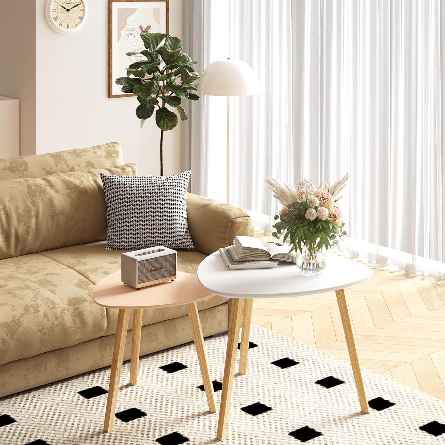 BAMEOS Bamboo Nesting Triangle End Table,Set of 2 Coffee Table Modern Minimalist Side Table for Living Room (White & Pink)