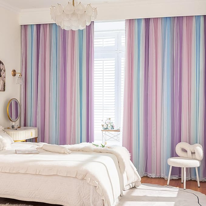 XiDi 100% Blackout Curtains with Sheer Overlay 84 Inches Long 2 Panels for Girls Bedroom Living Room Rainbow Pink Purple Blue Double Layer Curtains for Kids Nursery Unicorn Princess Grommet W52 x L84