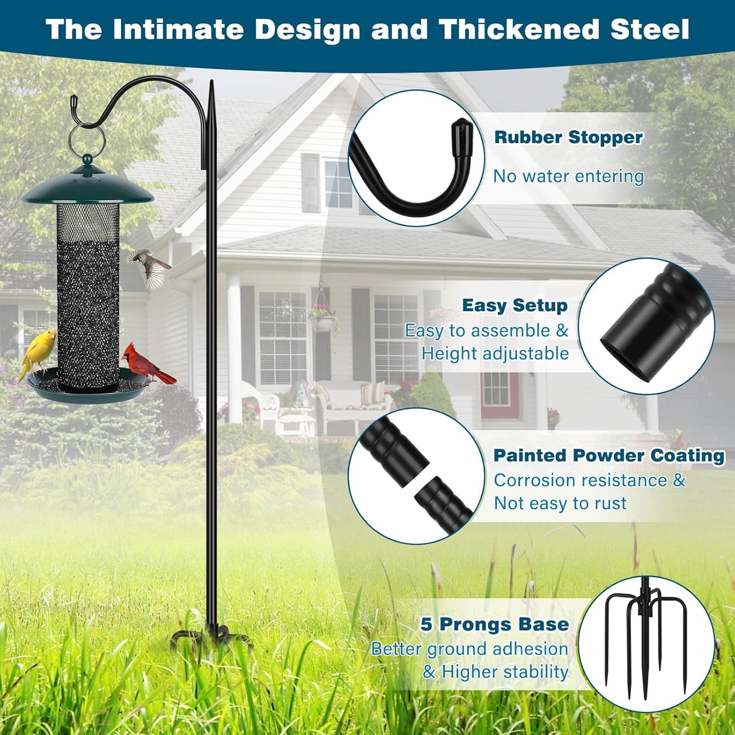 Gtongoko 63 Inch Shepherds Hooks for Outdoor with 5 Prongs Base, Adjustable Bird Feeder Pole Garden Hooks for Hanging Lanterns, Plants Baskets, Hummingbird Feeders, 2 Pack