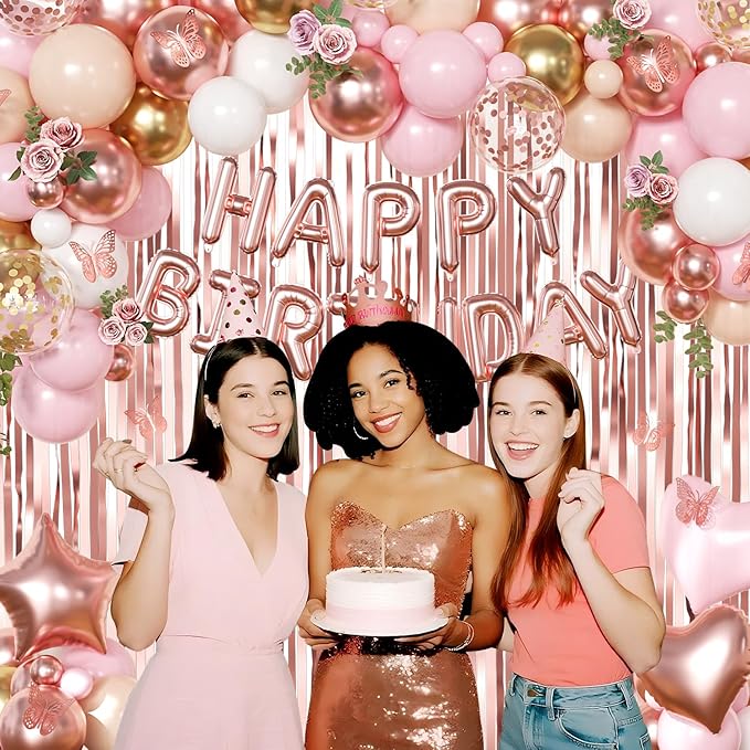 Rose Gold Birthday Decorations, Gold Pink Peach White Balloons Confetti Foil Balloons Happy Birthday Banner Butterfly Fringe Curtains birthday Decorations for Women Teens Girls