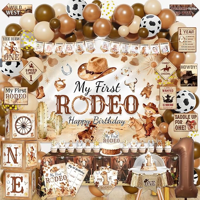 My First Rodeo Birthday Decorations, Wild West Western Cowboy Rodeo 1st Birthday Party Decor Supplies for Boy - Backdrop, High Chair Banner, Bandana, Tablecloth, Poster, Wall Signs, ONE Box
