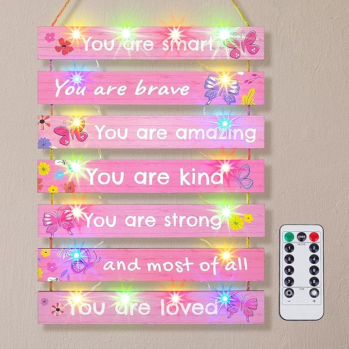 FIOBEE Girls Room Décor for Teen Girls Boys with LED Light Wall Decor for Bedroom Motivational Inspirational Wall Art Room Decoration for Kids Studyroom, 8 Kinds of Lights, Light Pink Butterfly