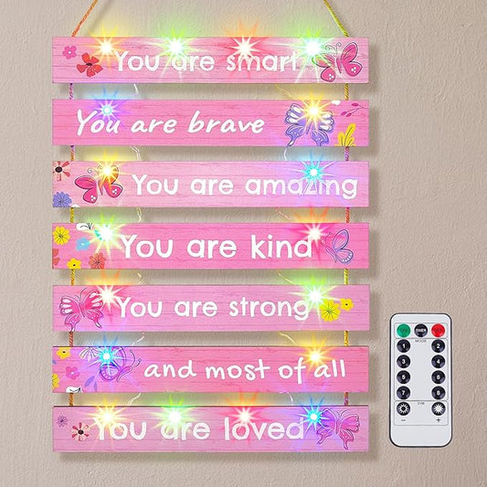 FIOBEE Girls Room Décor for Teen Girls Boys with LED Light Wall Decor for Bedroom Motivational Inspirational Wall Art Room Decoration for Kids Studyroom, 8 Kinds of Lights, Light Pink Butterfly