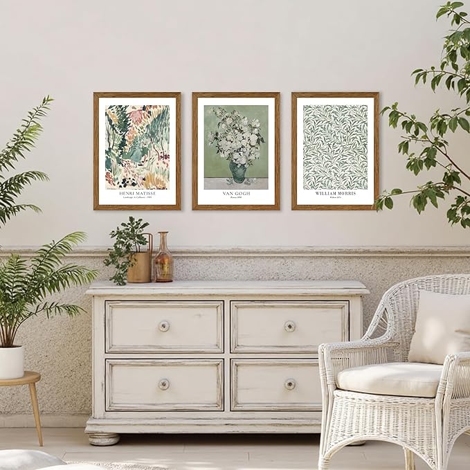JLTULT 3 Piece Vintage Sage Green Canvas Wall Art, Van Gogh Matisse Wall Decor, Botanical Painting Artwork Prints for Living Room Bedroom Home Office 12X16 inch Wood Framed Easy to Hang