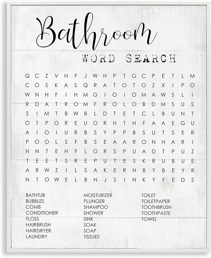 Art Piece 'Bathroom Word Search Family Fun', Framed Giclee Art, White, 24 x 30 - Sturdy Block Frame Ready to Hang -Proudly Made In USA (Johnston, RI) - Design By: Lil' Rue