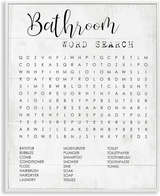 Art Piece 'Bathroom Word Search Family Fun', Framed Giclee Art, White, 24 x 30 - Sturdy Block Frame Ready to Hang -Proudly Made In USA (Johnston, RI) - Design By: Lil' Rue