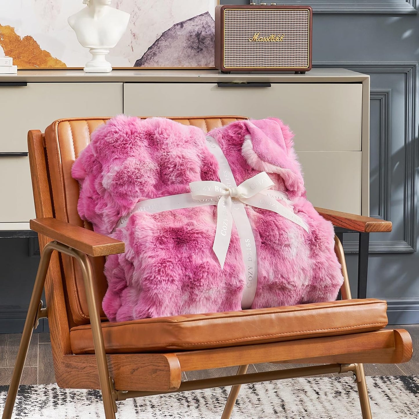 Cozy Bliss Faux Fur Throw Blanket for Couch, Fuzzy Soft Plush Thick Bubble Blanket for Sofa Bedroom Living Room, 60 * 80 Inches Tie Dye Pink