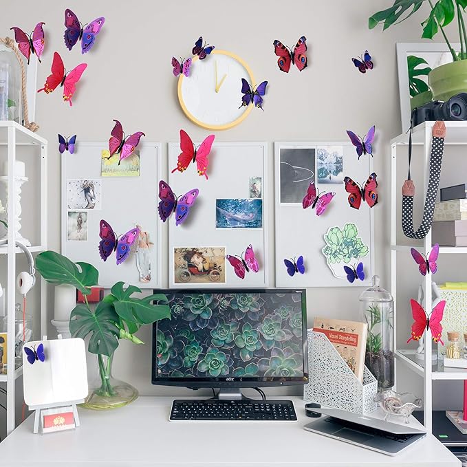 24pcs 3D Vivid Special Man-Made Lively Butterfly Wall Stickers Removable Butterflies Wall Decals 3D Nursery Art Decor for Kids Girls Bedroom Living Room Classroom Party Decoration Purple