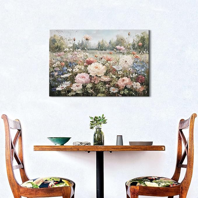 Vintage Floral Wall Art Colorful Flowers Wall Decor for Bedroom Retro Wildflowers Canvas Painting Rustic Farmhouse Flower Pictures Aesthetic Artwork for Living Room Bedroom Home Decoration 16x24"