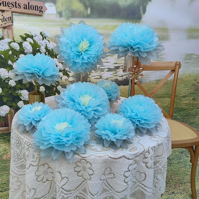 Mybbshower 9pcs Mixed 7'' 9'' 11'' Blue Tissue Paper Pom Poms Flower for It's A Boy Baby Shower Birthday Nursery Room Decorations