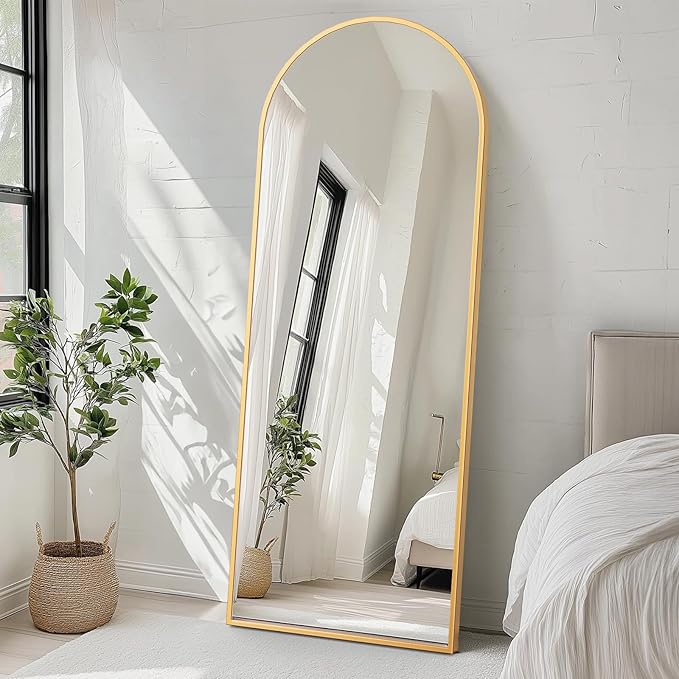 DUMOS Arched Full Length Mirror with Stand 71"x26" Floor Standing Aluminum Frame for Bedroom Body Hanging Leaning Modern Simple Home Decor Shatter-proorf Nano Glass Wall Living Room Cloakroom Gold