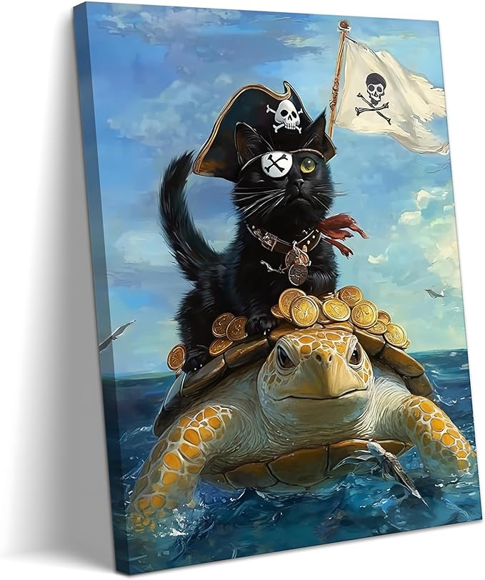 Framed Pirate Cat Wall Art Canvas Print, Funny Black Cat Riding Turtle Ocean Adventure Poster, Cute Animal Fantasy Painting Picture for Kids Room Bedroom Living Room Home Decor 12x16 Inch