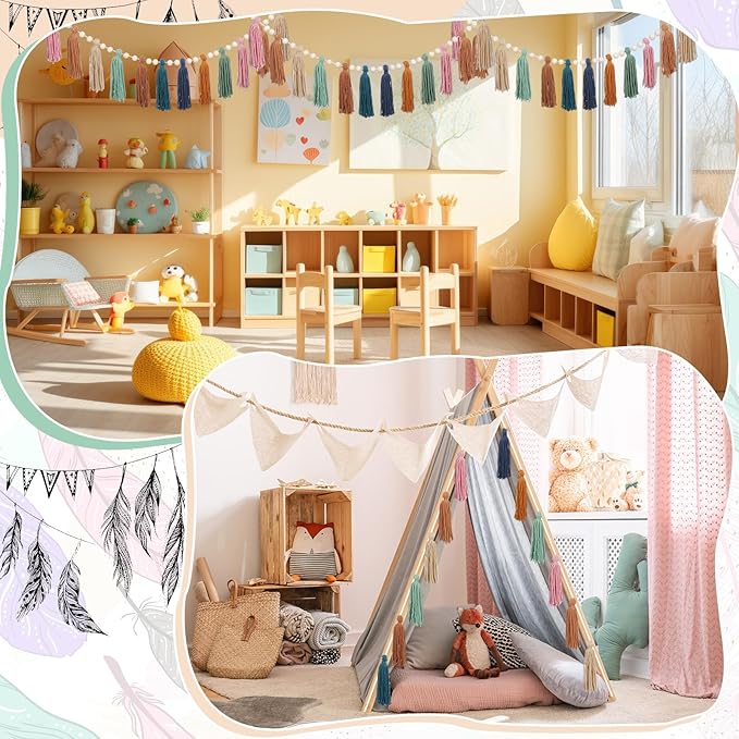 Zeyune 3 Pcs Boho Tassel Garland Boho Rainbow Wall Decor Colorful Pastel Tassel Wall Hanging with Wood Beads for Classroom Kids Bedroom Baby Shower Back to School Birthday Party Supplies