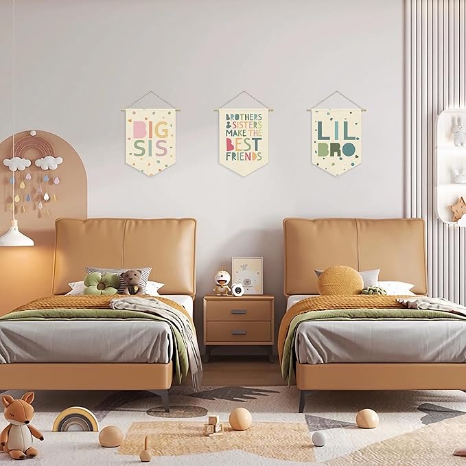 Boy Nursery Decor Canvas Banner, Brothers Playroom Wall Art Decorations, Boho Twin Room Sign, Lil Bro Big Bro, Sage Green Blue Kids Room Sibling Wall Hanging Pennant Flag Banner