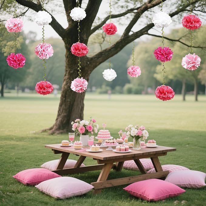 Hot Pink White Party Decorations Ombre Pink White Tissue Paper Flowers Pom Pom Leaf Ribbon Hanging Streamer Garland for Women Girls Birthday Bachelorette Baby Shower Wedding Flamingo Party Supplies