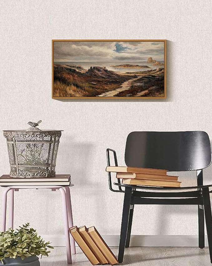 SHENIFY Vintage Framed Wall Art Seaside Path Wilderness Landscape Painting Retro Coastal Scenery Farmhouse Kitchen Living Room Decor - 8x16in Natural Framed