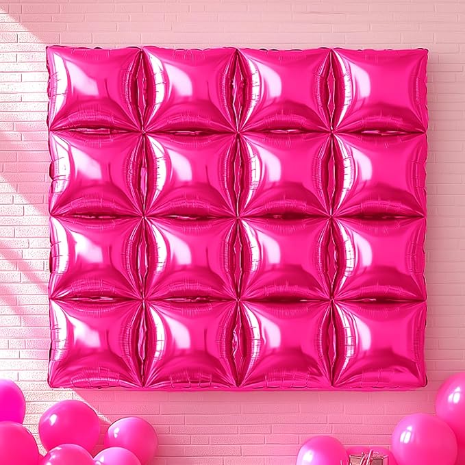 NISOCY 25PCS Hot Pink Square Foil Balloons Wall Backdrop Double Sided Rose Red Balloon Tunnel Arch Kit for Birthday Valentine Wedding Anniversary Bachelorette Bridal Baby Shower Party Decorations