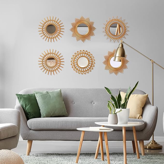 Namalu 6 Pcs Sunburst Mirror for Wall Decor, Small Circle Sun Decorative Mirror Hanging for Art Entryway Home Decor Bathroom Bedroom Living Room(Classic,Gold)