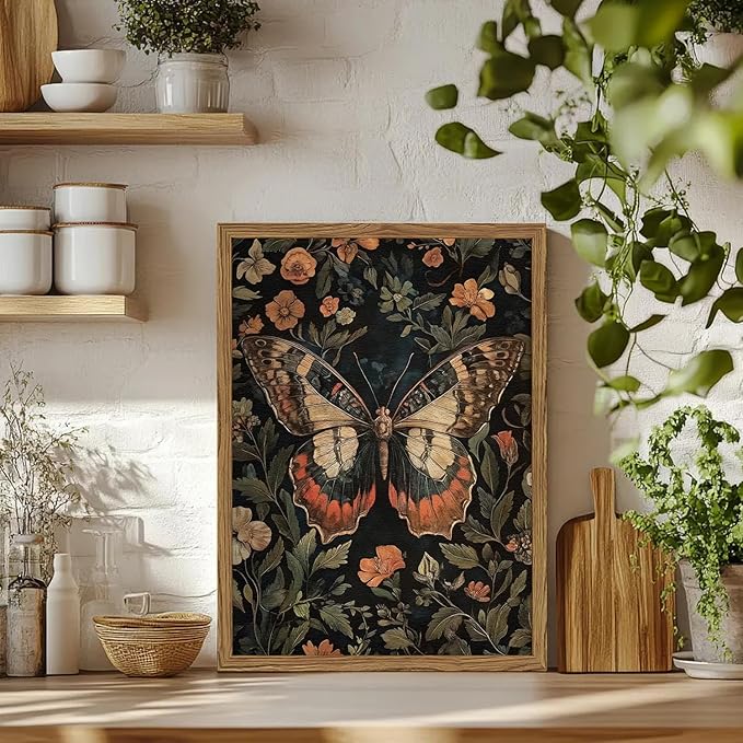 Framed Vintage Butterfly Wall Art, Dark Academia Flowers Insect Pictures Wall Decor Paintings, 3D Textured Sandstone Nature Botanical Prints for Living Room Bedroom Office Home Decor 12x16 inch