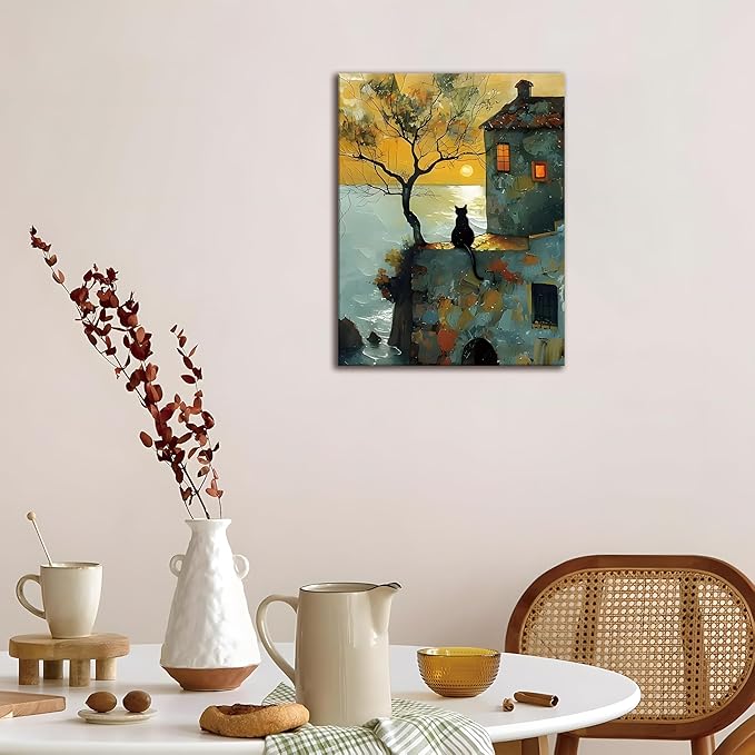 Framed Cat Watching Sunset Wall Art, Black Cat Silhouette Canvas Print Picture, Vintage Coastal Landscape Oil Painting Style, Cat Wall Decor for Living Room Bedroom 12x16 Inch