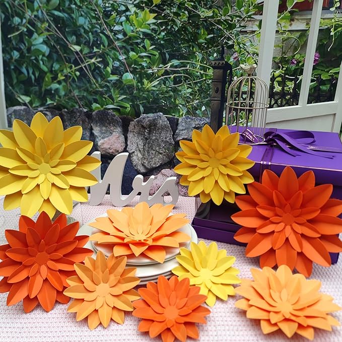Orange Flower (9 inch-6 inch) for Fall Autumn Thanksgiving Harvest Party Wall Wedding Backdrop Bridal Shower Centerpieces Home Wall Decor Pack of 9