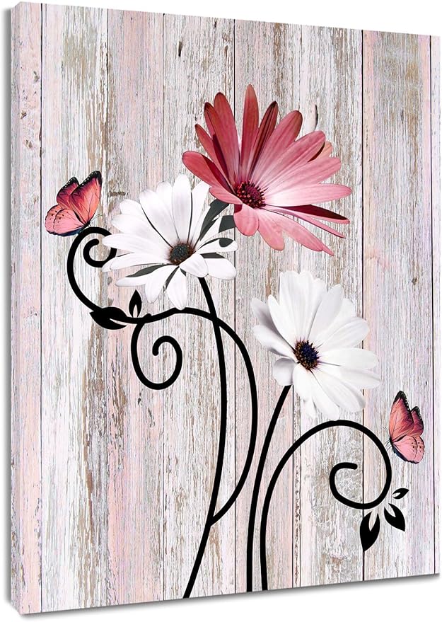 HVEST Pink Daisy Wall Art Vintage Flower and Butterfly on Rustic Wooden Abstract Painting Farmhouse Plant Wall Art for Bathroom Living Room Bedroom Kitchen Decor Ready to Hang, 10Lx8W Inches