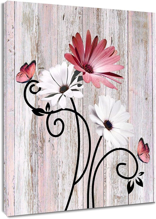 HVEST Pink Daisy Wall Art Vintage Flower and Butterfly on Rustic Wooden Abstract Painting Farmhouse Plant Wall Art for Bathroom Living Room Bedroom Kitchen Decor Ready to Hang, 10Lx8W Inches