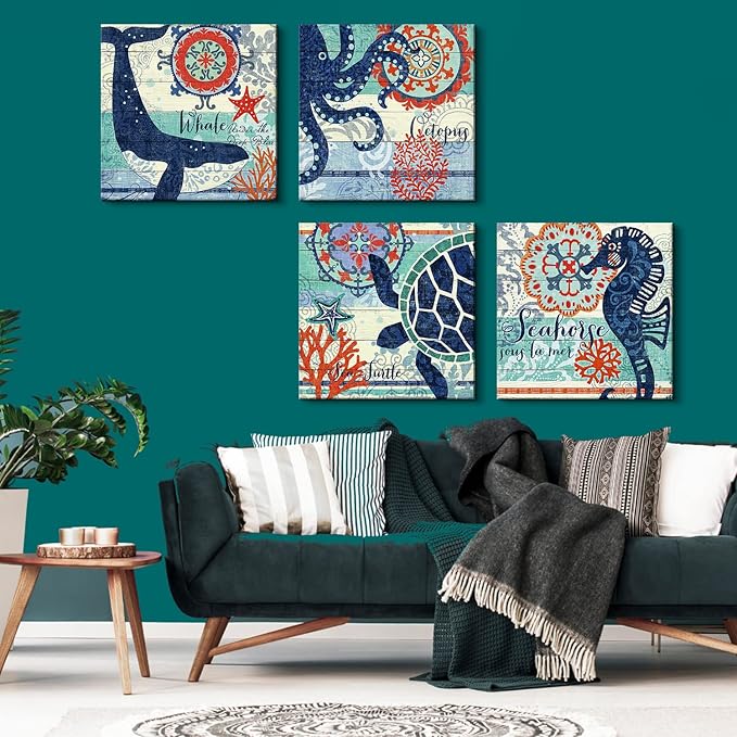 4 Panel Teal Blue Home Wall Art Decor Framed Artwork for Bathroom Living Room Canvas Print Beach Coastal Sea Turtle Octopus Seahorse Whale Pictures Posters Bedroom Decoration 24 x 24 / Piece Set