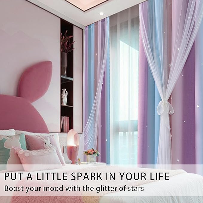 XiDi Blackout Curtains for Girls Bedroom Decor 63 inches Long Window Curtains Colorful Rainbow Design 2 Panel Sets, Kids Room Unicorn Princess Theme Home Decor Ombre Drapes Pink/Purple W34 X L63