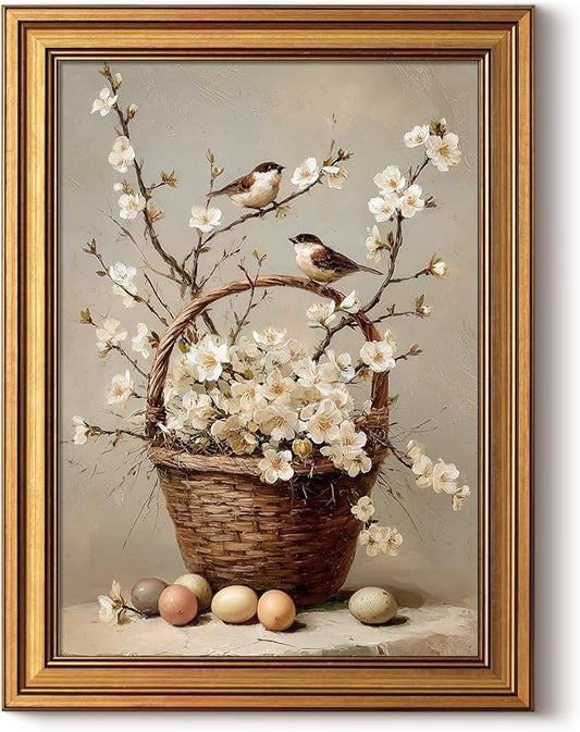 HUARCEY Gold Framed Canvas Wall Art, Bird Flower Basket Vintage Decor, Paintings Farmhouse Wall Decor, Retro Table Desk Decoration Bathroom Bedroom Living Room, 12x16Inch