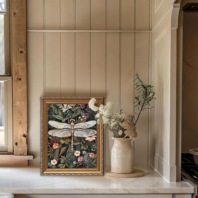 ASTRDECOR Gold Framed Vintage Wall Art, Dark Green Dragonfly & Floral Botanical Wall Decor, Nature Picture Canvas Painting for Living Room Bedroom Bathroom Home Decor, 12"x16"