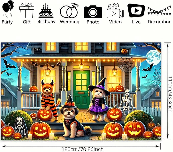 Halloween Dog Backdrop Banner Spooky Puppy Costume with Pumpkins Skeleton Witch Porch Decoration Party Photo Booth Background Scene 71×43 Inch