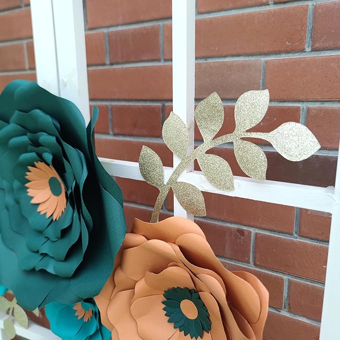 Paper Flower with Leaf for Wall Pack of 6 (Blackish Green Teal)