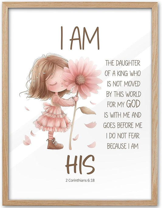 KensTro Natural OAK Wood Nursery Decor Framed Wall Art, 12x16 in Inspirational Christian Bible Verse Wall Art,I Am a Daughter of The King Scripture Pink Print for Girls Playroom Bedroom Decor Set of 1