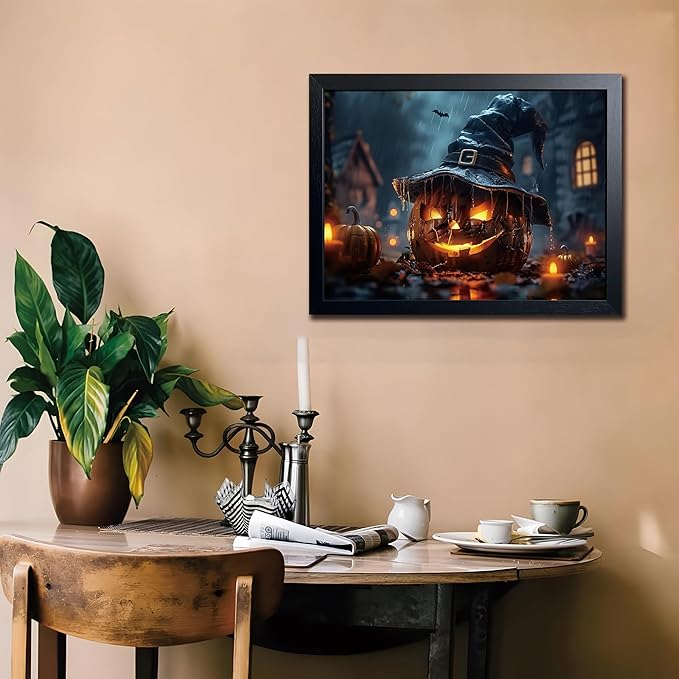 Wood Framed Dark Halloween Pumpkin Wall Art, Gothic Witch Hat Jack-o'-Lantern Canvas Print, Dark Academia Spooky Haunted House Poster Wall Art for Living Room Bedroom Room Aesthetics 16x24 inch