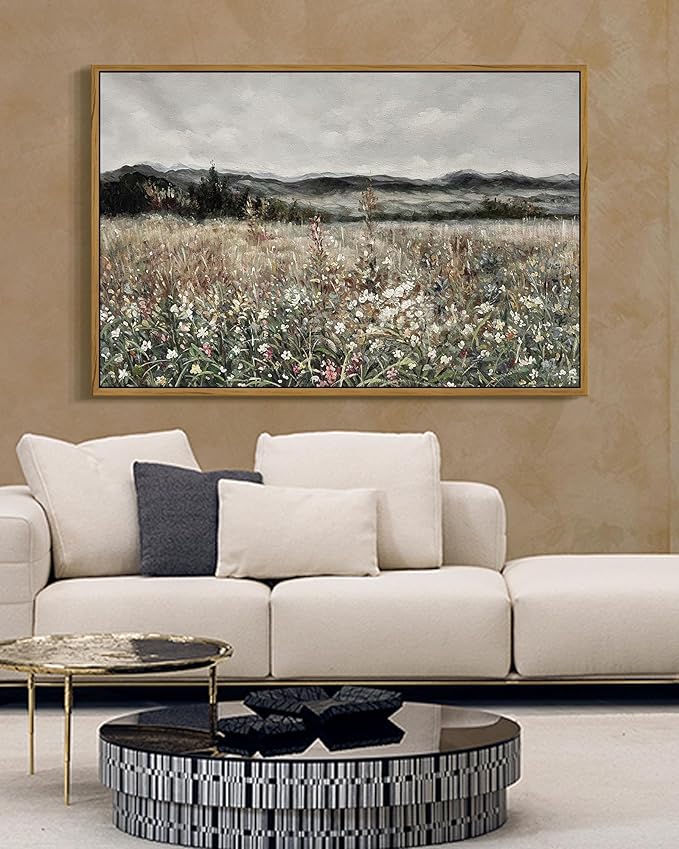SHENIFY Vintage Landscape Framed Wall Art Meadow Flowers Farmhouse Decor Retro Classic Painting for Hallway Living Room Bedroom Dining Room - 24x36in Natural Framed