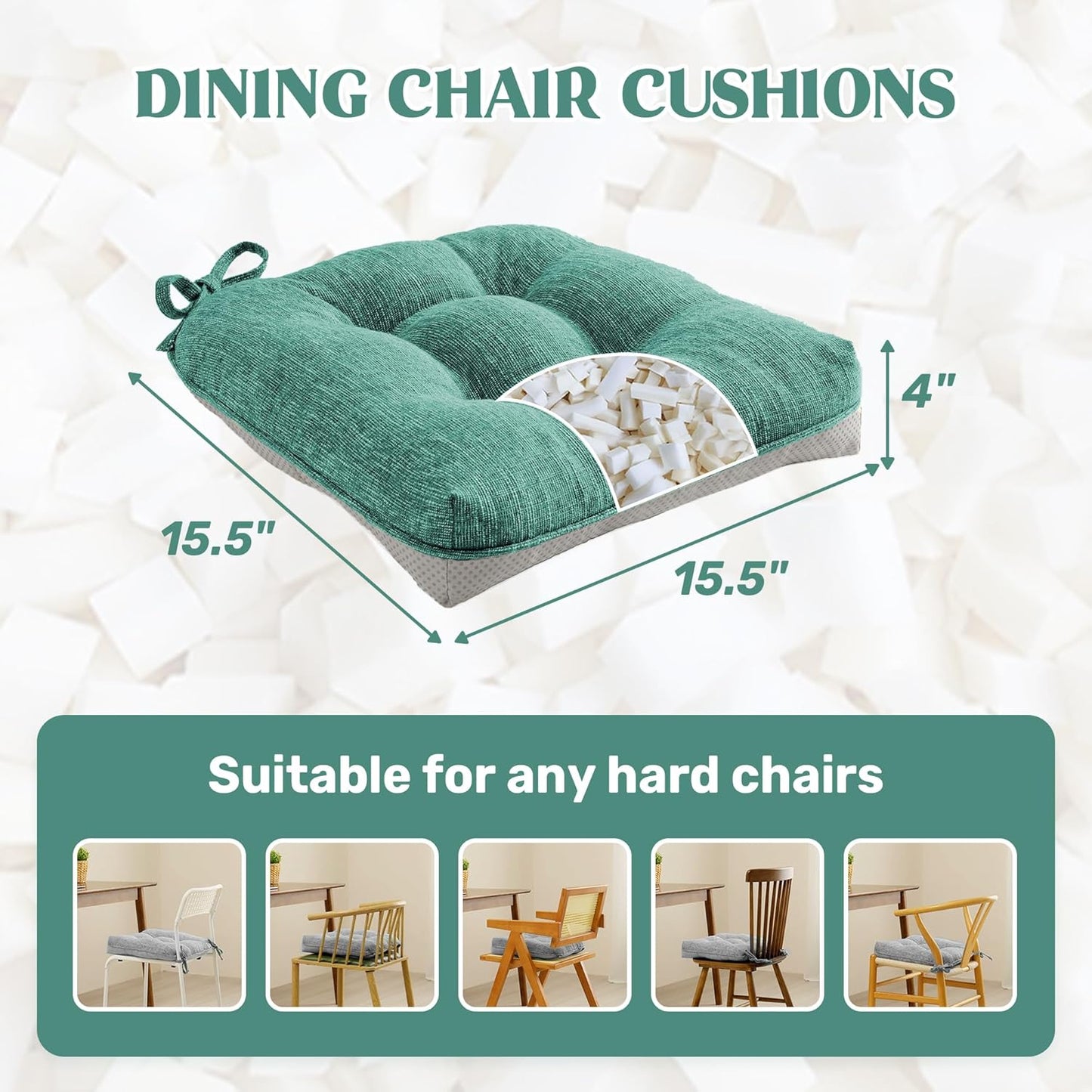 puredown® Chair Cushions for Dining Chairs, Tufted Memory Foam Chair Pads with Non-Slip Backing, Kitchen Seat Cushions with Ties, Washable Seat Pad Set of 4, 15.5" x 15.5" x 4", Green