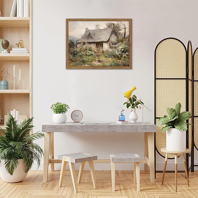 Framed Farmhouse Wall Decor, Country Cottage Pictures Wall Art, Pastoral Nature Landscape Canvas Print, Vintage Farm House Oil Painting Artwork for Bedroom Living Room – 12x16 inch