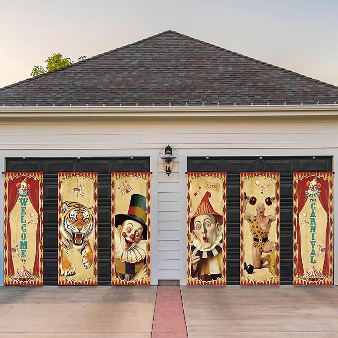 Tiamon 6 Pcs Vintage Christmas Halloween Carnival Porch Banners Retro Santa Clown Stretching Portraits Wall Decorations Gothic Porch Sign Backdrop for Xmas Indoor Outdoor Hanging Decor (Circus)