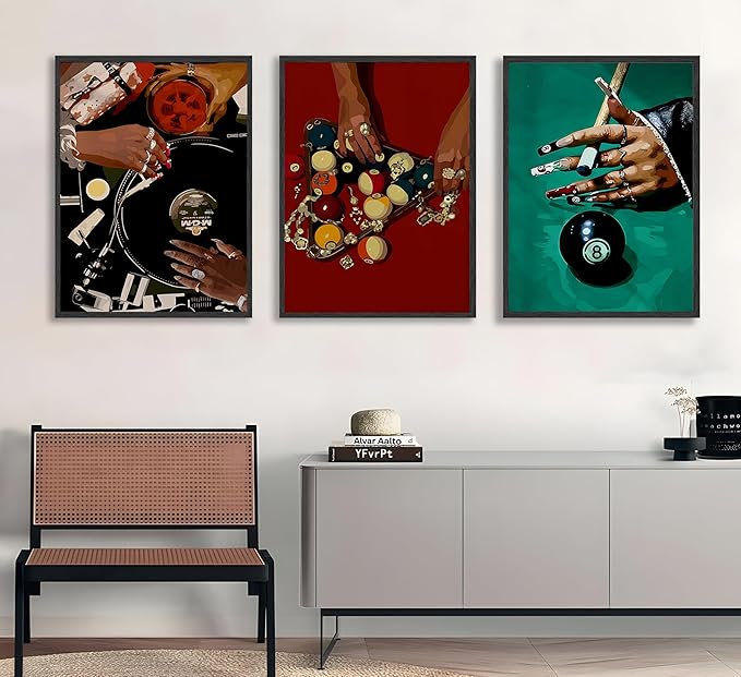 JWDXNOOK 3pcs Fashion Feminine Wall Art Funky Retro Music Wall Decor Fashion Hands Print DJ and Black billiard 8Theme Triptych Paintings Poster for Game Room Bar Living Room Bedroom Decor Unframed