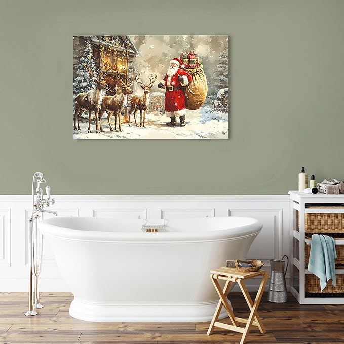 Vintage Christmas Wall Art Rustic Farmhouse Santa Claus Wall Decor Winter Deer Canvas Pictures Christmas Tree Santa and Reindeer Painting Artwork for Living Room Bathroom Home Decorations 24x36"