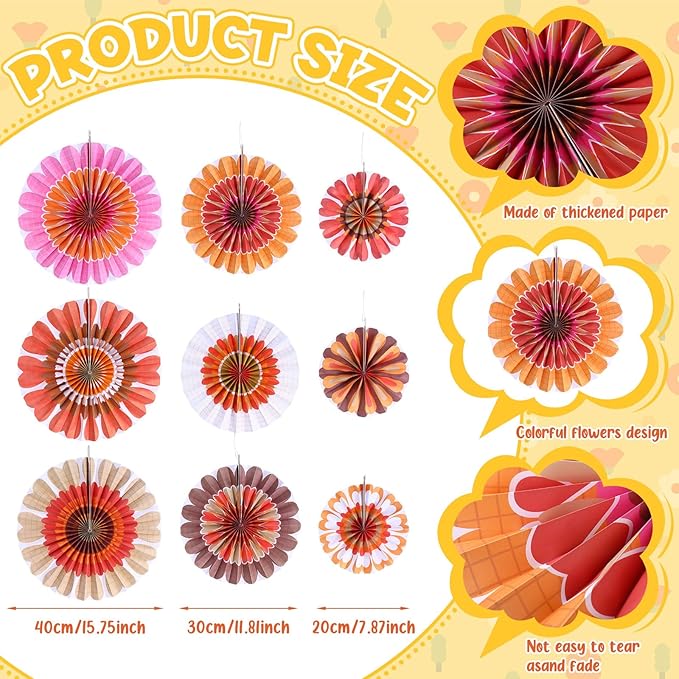 Outus Flower Hanging Decorations Fall Paper Fans Classroom Ceiling Wall Decor Colorful Bloom Paper Fan for Wedding Birthday Birthday Party Supplies(9 Pcs,Spring Daisy)
