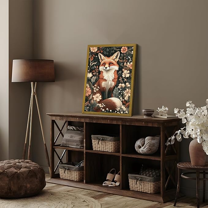 Framed 3D Textured Vintage Wall Art, Hand Drawn Sandstone Fox Wall Decor Paintings, Whimsical Forest Animal Floral Botanical Aesthetic Picture, Cottage Core Home Nursery Decor 12x16 inch