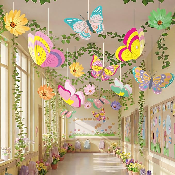 30 Pcs Spring Decorations for Classroom Spring Ceiling Hanging Decorations Kit with 20 Butterfly Bloom Flower and 10 Green Radish Garland for Party Wall Office Classroom School Decor