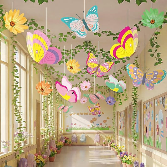 30 Pcs Spring Decorations for Classroom Spring Ceiling Hanging Decorations Kit with 20 Butterfly Bloom Flower and 10 Green Radish Garland for Party Wall Office Classroom School Decor