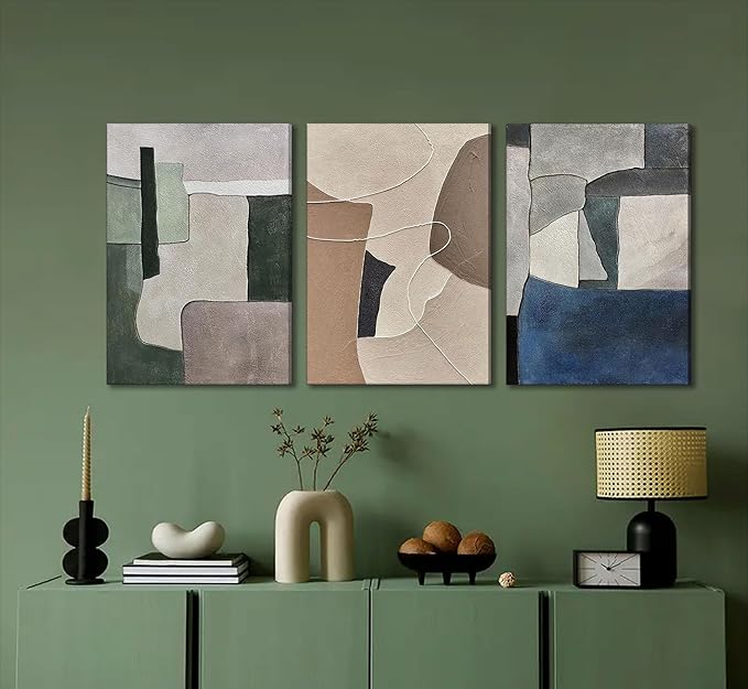 3pcs Abstract Texture Canvas Wall Art Modern Boho Neutral Geometry Wall Decor Pictures Beige Green Blue Minimalism Posters Prints for Living Room Bedroom Office Home Decoration Prepare To Hang